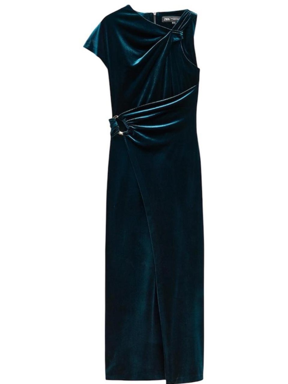 Zara Asymmetric Velvet Midi Dress Teal Green Gold Hardware Size Medium